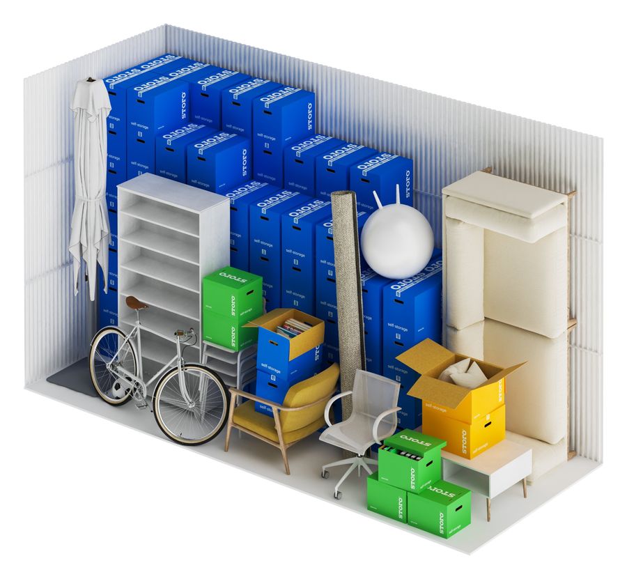 Imagem 3D de uma unidade Storo de 10 m² com caixas, um sofá e uma bicicleta