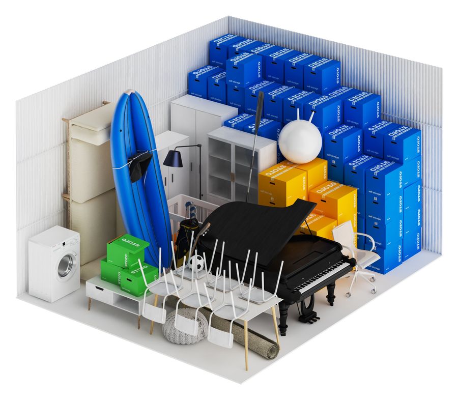 Imagem 3D de uma unidade Storo de 20 m² com um piano, um caiaque, móveis e caixas