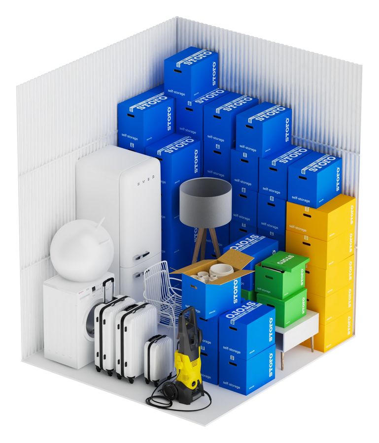 Imagem 3D de uma unidade Storo de 6 m² com caixas, um frigorífico e malas